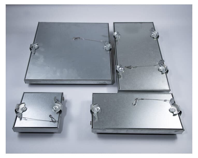 Galvanized duct access door with frame and self-tightening camlocks.