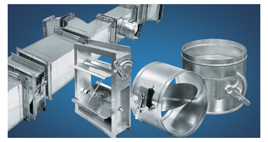Rectangular volume control damper with opposed blade linkage and hand quadrant.