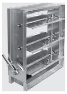 Wall mounted back draft damper with gravity-operated blades.