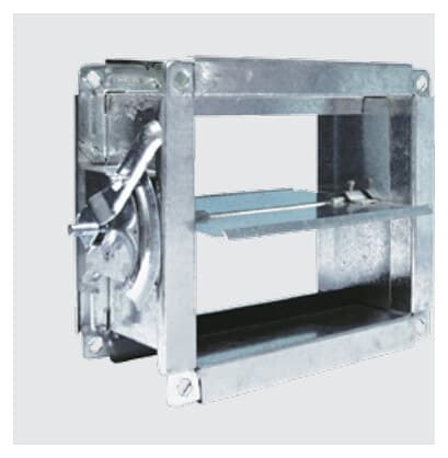Rectangular volume control damper with blade linkage and hand quadrant.