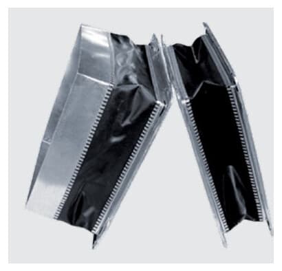 Flexible duct connector with fabric section bonded between galvanized metal edges.