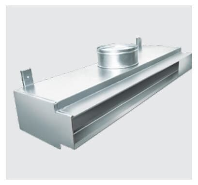 Linear plenum box in galvanized steel with spigot inlet.