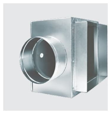 Square plenum box in galvanized steel with circular spigot inlet.